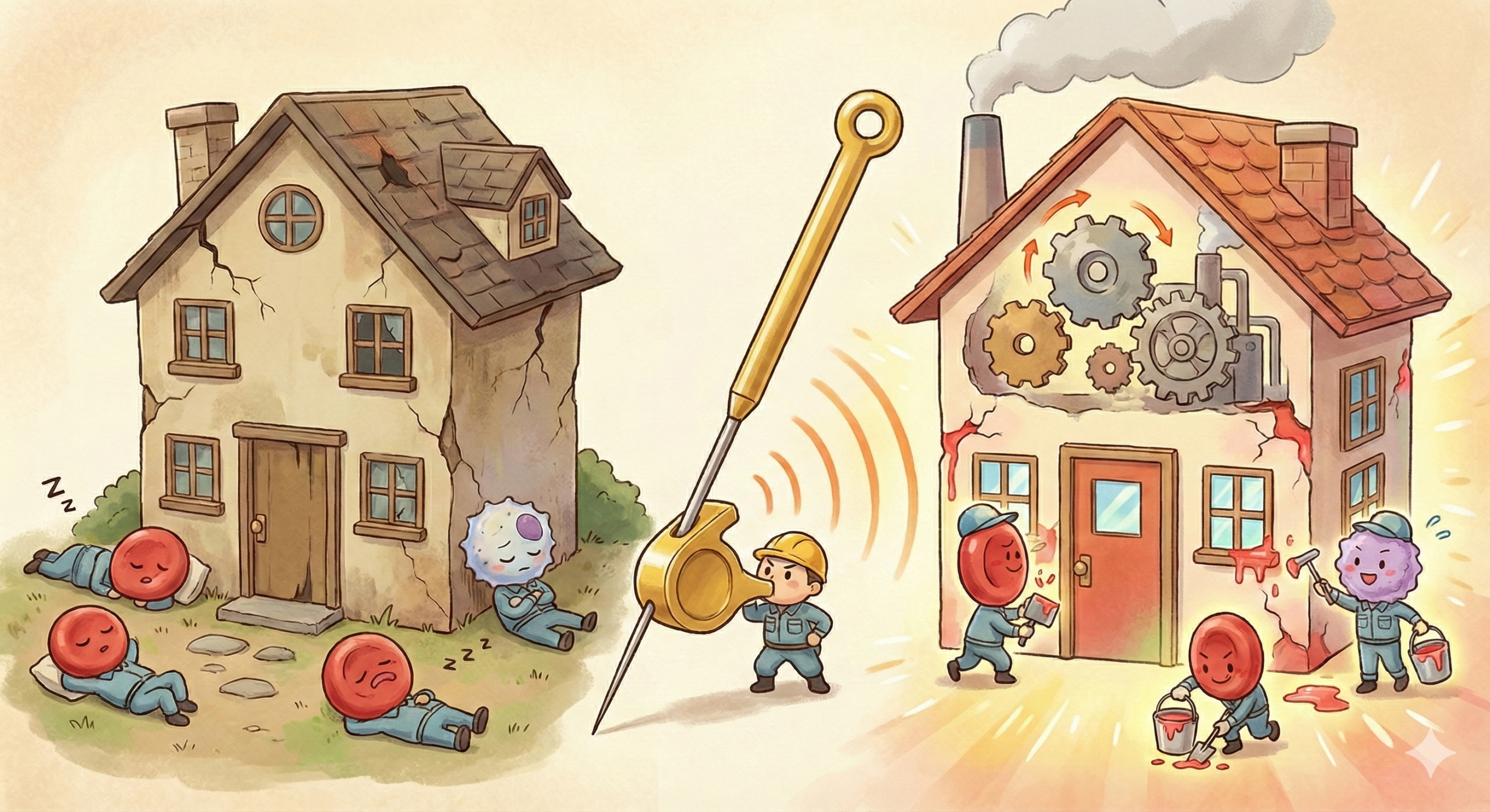 鍼灸のたとえ話：現場監督（鍼）がホイッスルを鳴らすと、サボっていた修復部隊（血液・免疫）が一斉に家の修復（身体の治癒）を始めるイメージ図